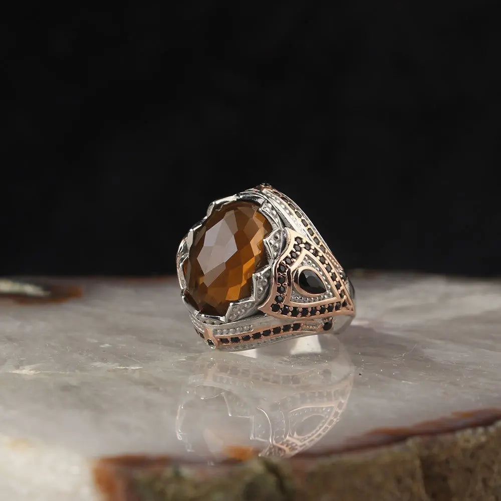Custom Logo Men's Ottoman Style Fine Ring 925 Sterling Bi-Color Rhodium & Gold Plated Made in Turkey Model RCEGYT-778