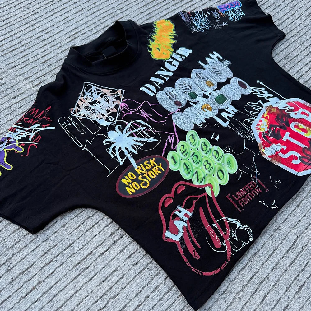 Men's 100% Cotton Oversized Hip Hop T-Shirt Streetwear All-Over Print Casual Fashion Top Vintage Acid Washed Design