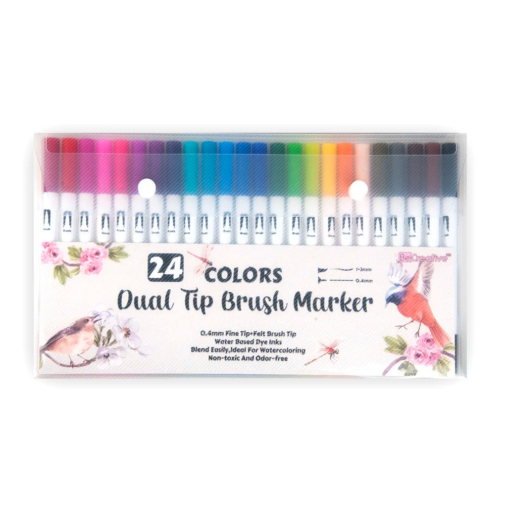 24 Color In-Stock Cheap Watercolor Brush Pens Watercolor Double Tips Markers for Kids Beginners