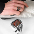 Azuris Turkish 925 Sterling Silver Men's Ring Ottoman Style with Natural Agate Stone Made in Turkey VALKH1283