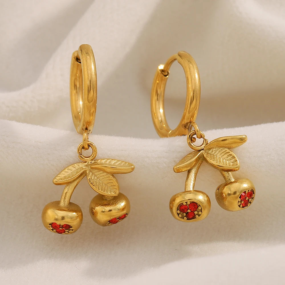 Dreamshow Zircon Jewelry Cherry Drop Earring 18k Gold Plated Stainless Steel Jewelry