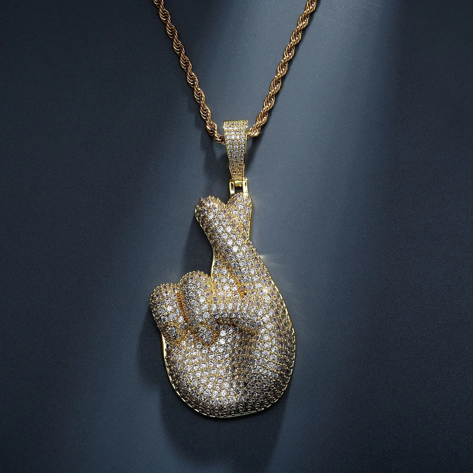Fashion Geometric Iced Cubic Zirconia Brass Gold Plated Hip Hop Stylish Crystals Striking Hand Gesture Rope Chain Charm Pendant