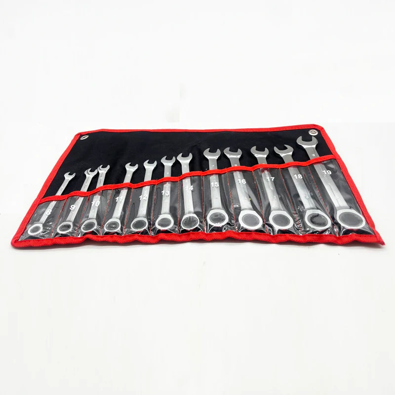 Simei No.12S006 12pc Ratcheting Combination Wrench Set 8-19mm Metric Rolling Bag 200N-m Max Torque DIY OEM Customization