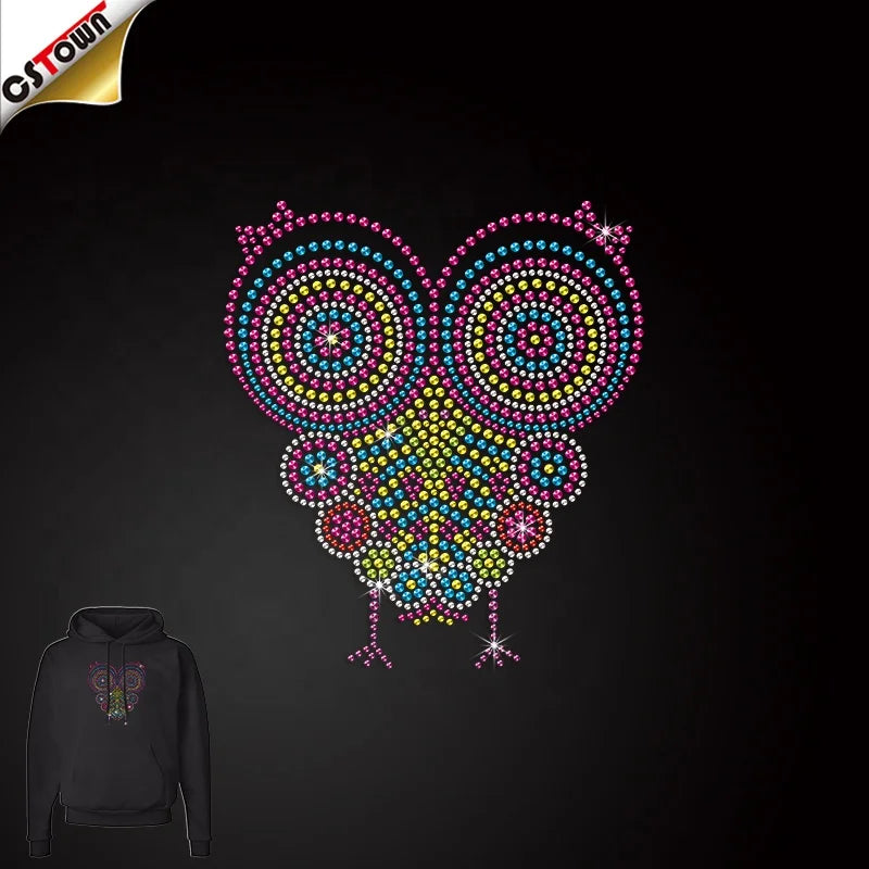 Hot Sales Rhinestone Heat Transfers Girls Owl Rhinestone Transfers Iron on T Shirt Design