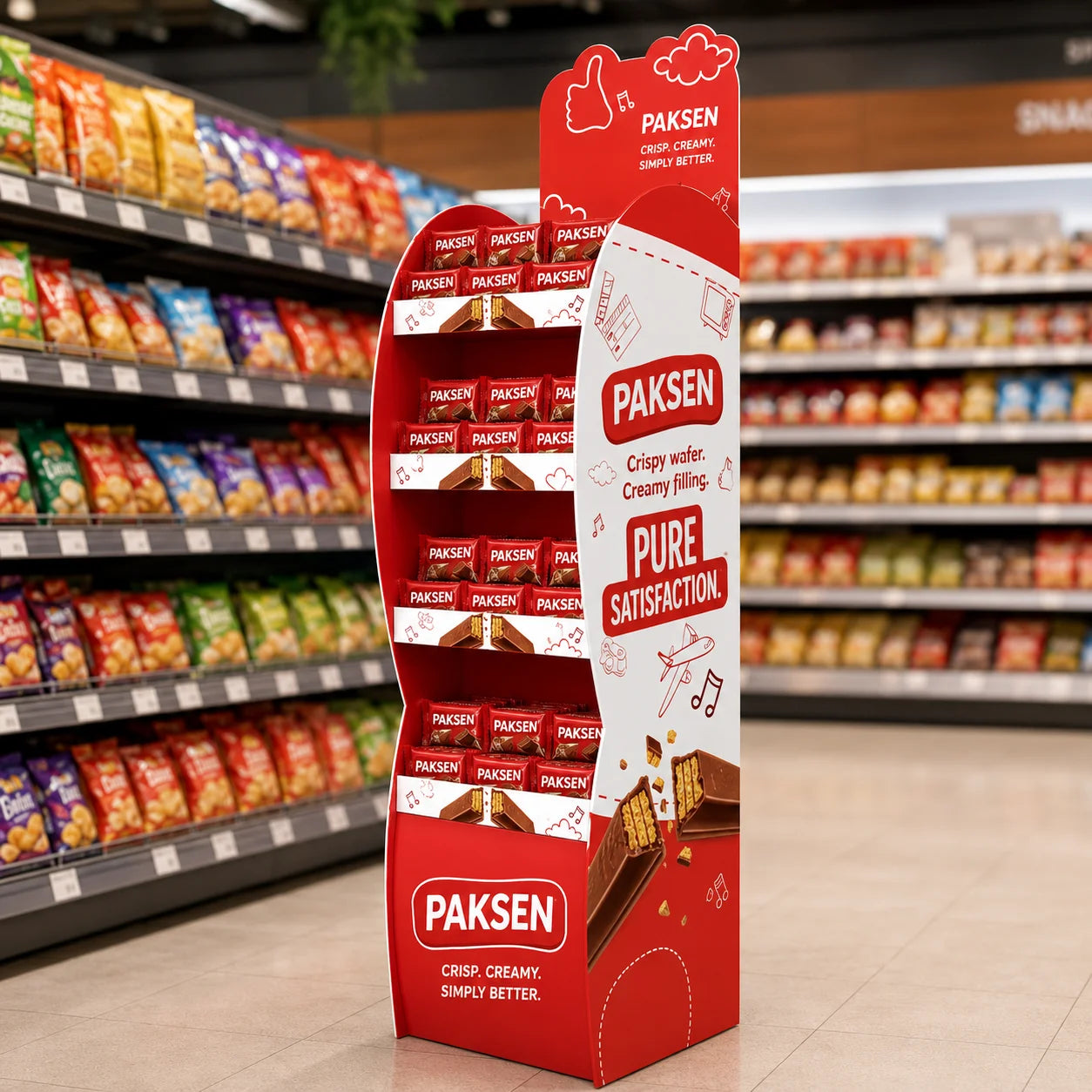 Custom Corrugated Cardboard Floor Display Stand for Chocolate Wafer Candy Snack Confectionery POP Paper Display Rack