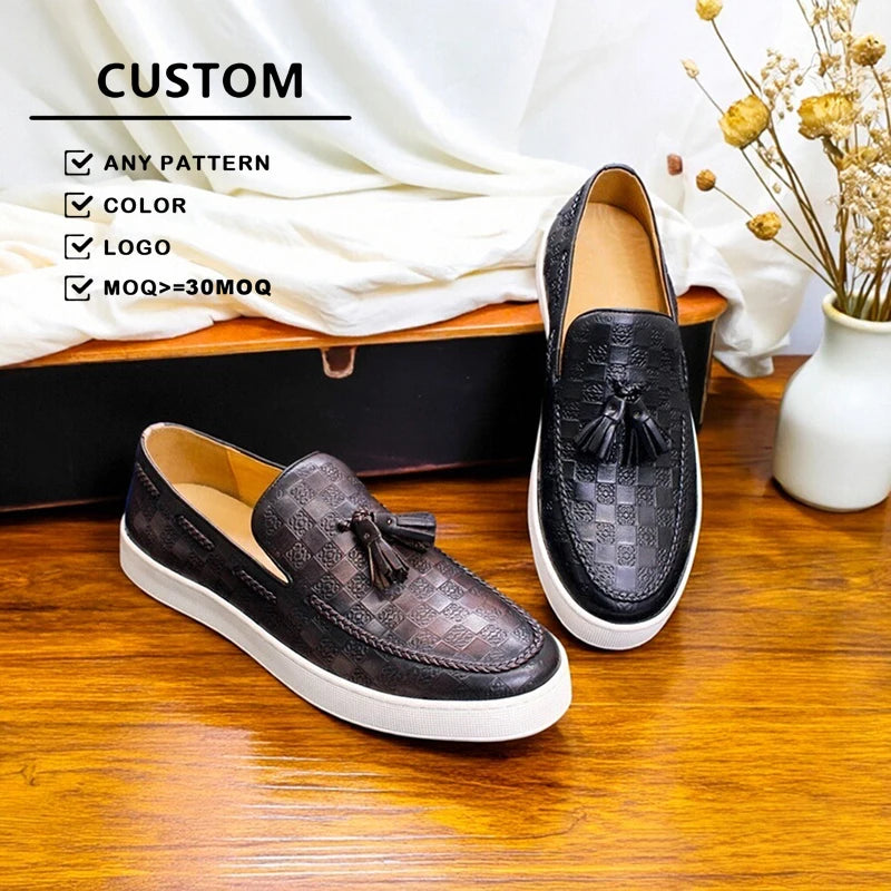 Latest Men's Premium Retro Tassel Casual Shoes Exquisite Embossed Slip-on Flat Soles Single Shoes