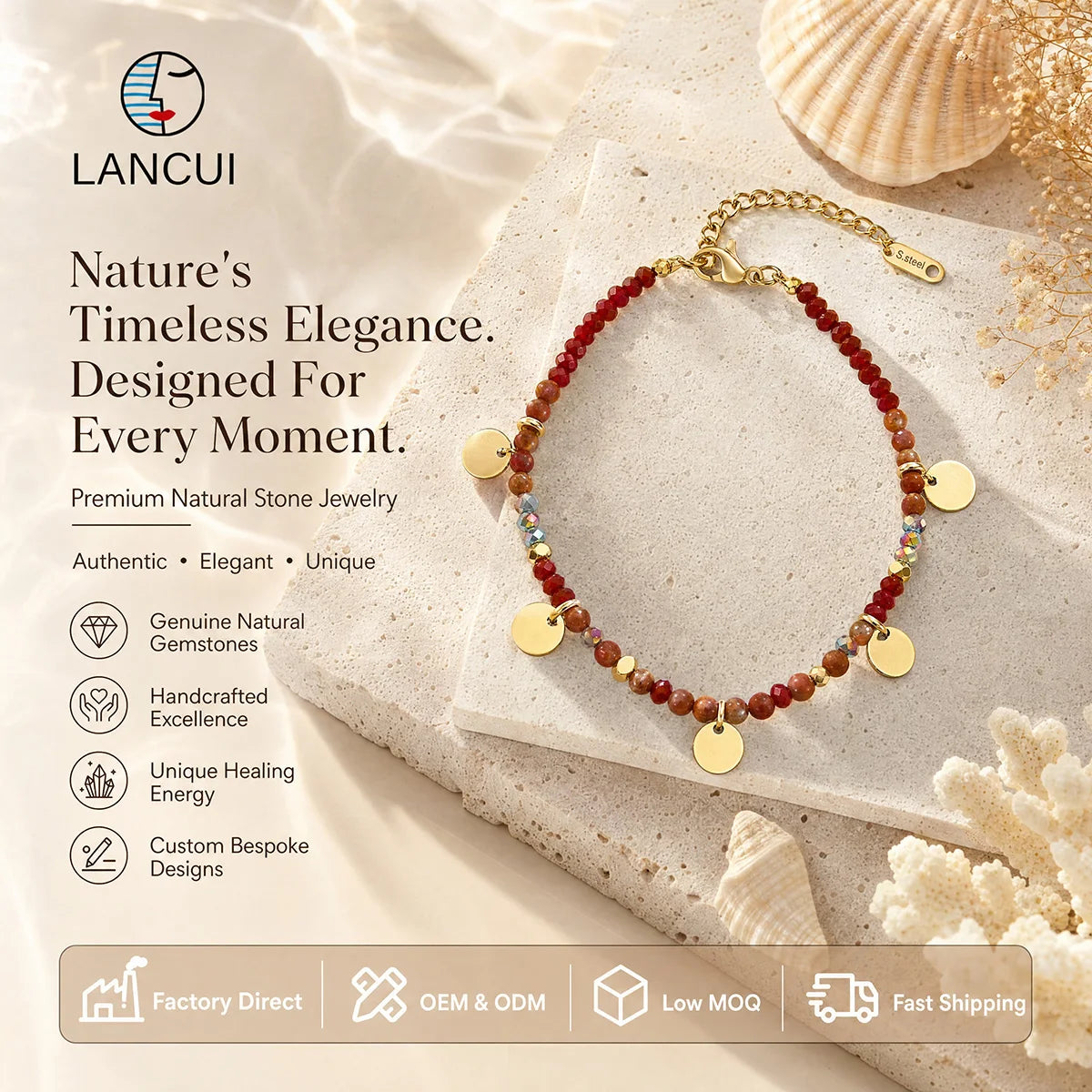 18K Gold Plated Stainless Steel Charms Women Fashion Bohemia Style Gemstones Beads Handmade Bracelet Jewelry