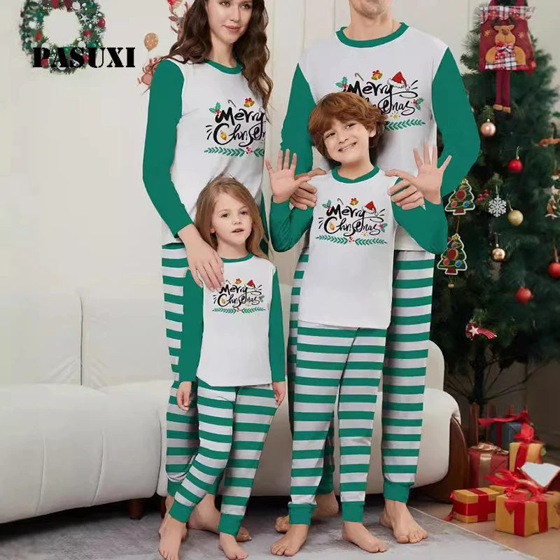 PASUXI 2026 New Fashion Christmas Pajamas Family Matching Green White Striped Long Sleeve Holiday Home Clothes
