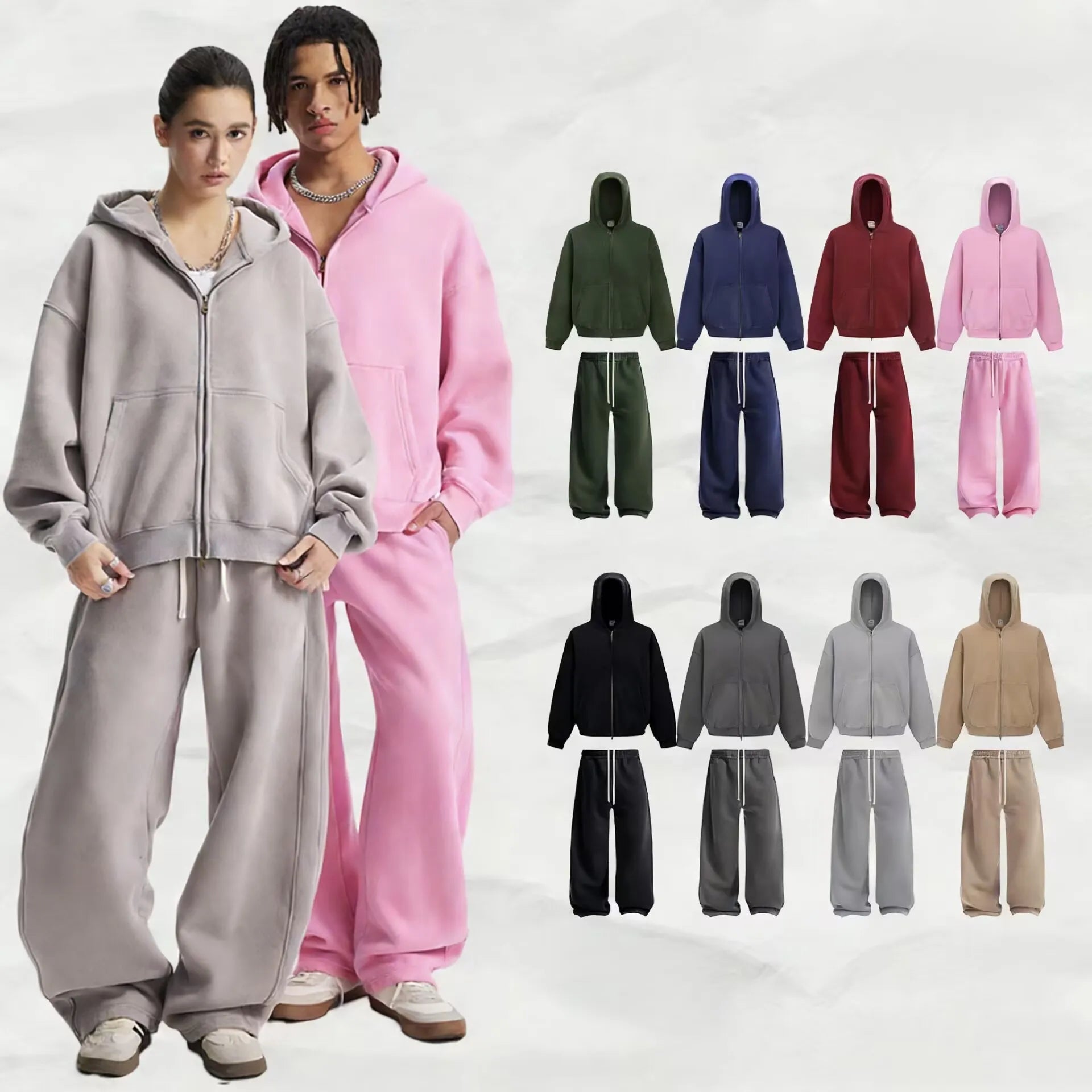 Custom Vintage Hoodie Pants SetWashed Tie-Dye Boxy Cropped Zip Snow Wash Curved Wide Leg BottomsPlus Size Unisex Vintage Set