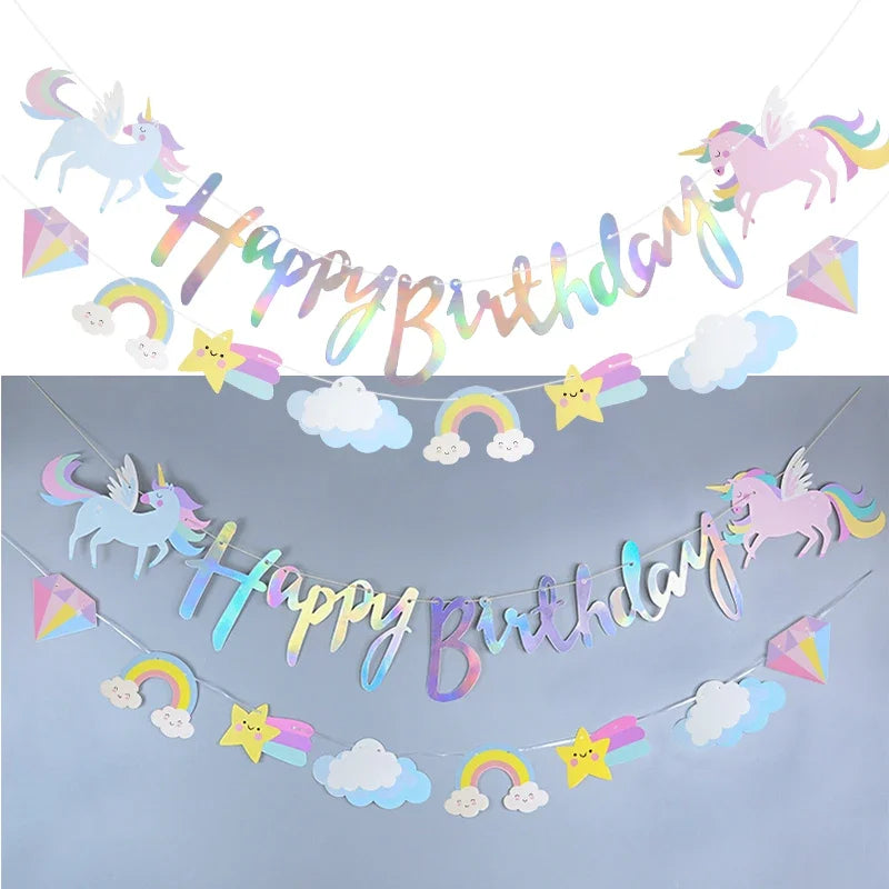 Unicorn Party Happy Birthday Paper Banner Hanging Garland Flag Unicorn Theme Kids 1st Birthday Party Decorations Banner
