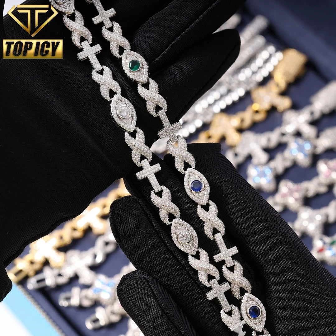 Hip Hop Style Sterling Silver 925 Iced VVS Moissanite Diamond Infinity Cross Evil Eye Cuban Bracelet Gift MegaBDM