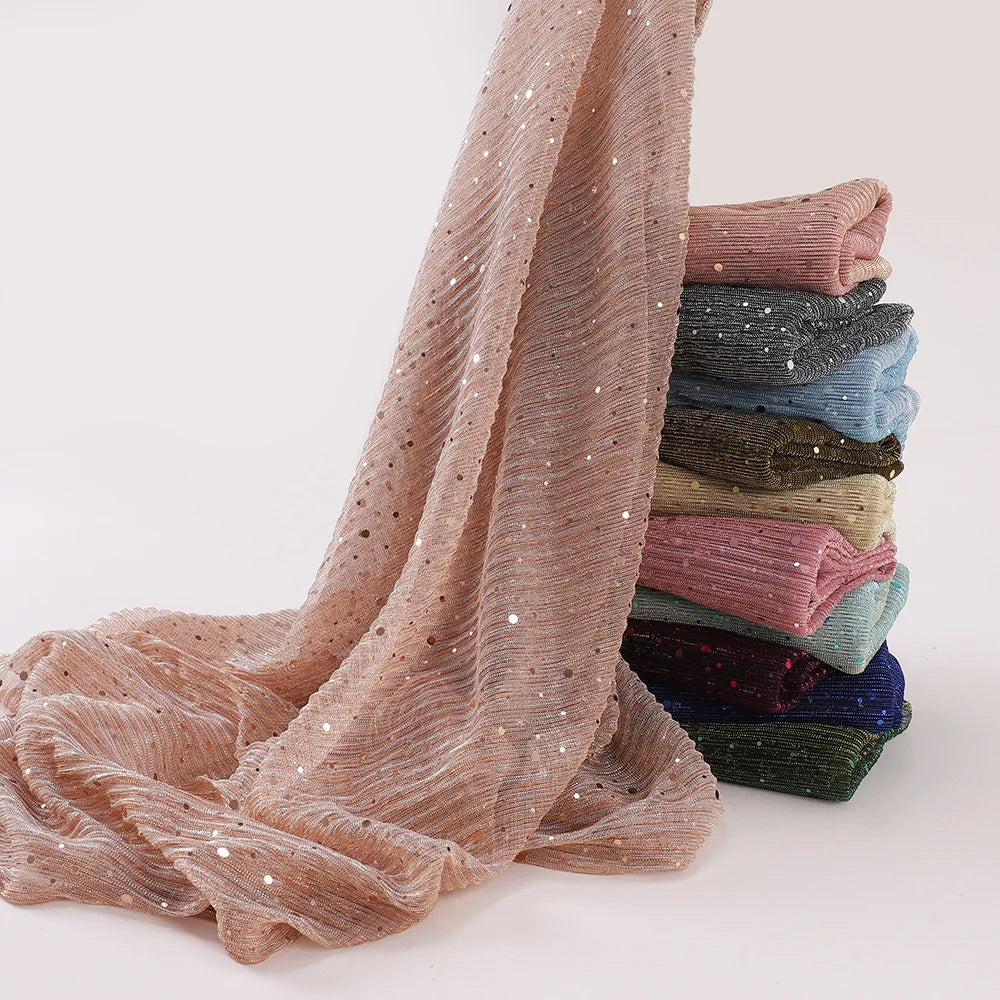 New Sequined Veil Solid Color Shiny Sequined Polyester Scarf for Head Covering Simple Long Scarf.