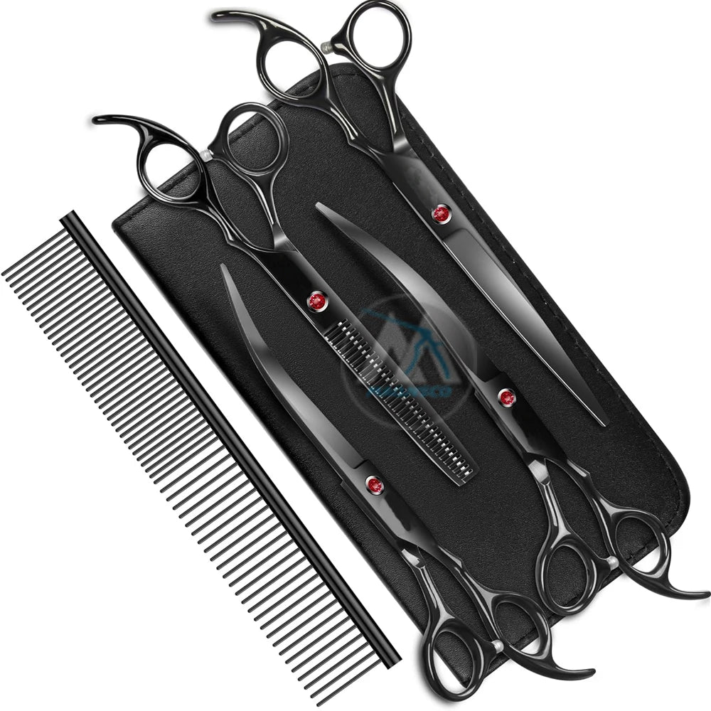 GEMEK 6 in 1 Professional Dog Grooming Scissors Set 7.0 Titanium Straight Thinning Upwards Curved Downwards Hair Extension Tools