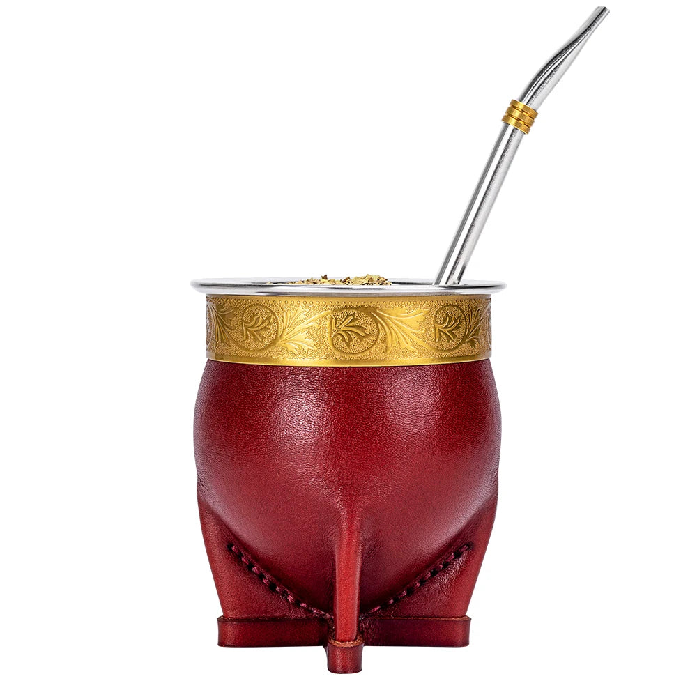 Handmade Leather Baroque Imperial Gourd Yerba Mate Cup Set with Bombilla Straw and Tea Shaper Argentina Style