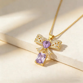 QIKU Sweet Cute Bow Shape 3 Colors Rhinestone Pendant Women Necklace Copper Zircon Jewelry Banquet Accessories Gift Dropshipping