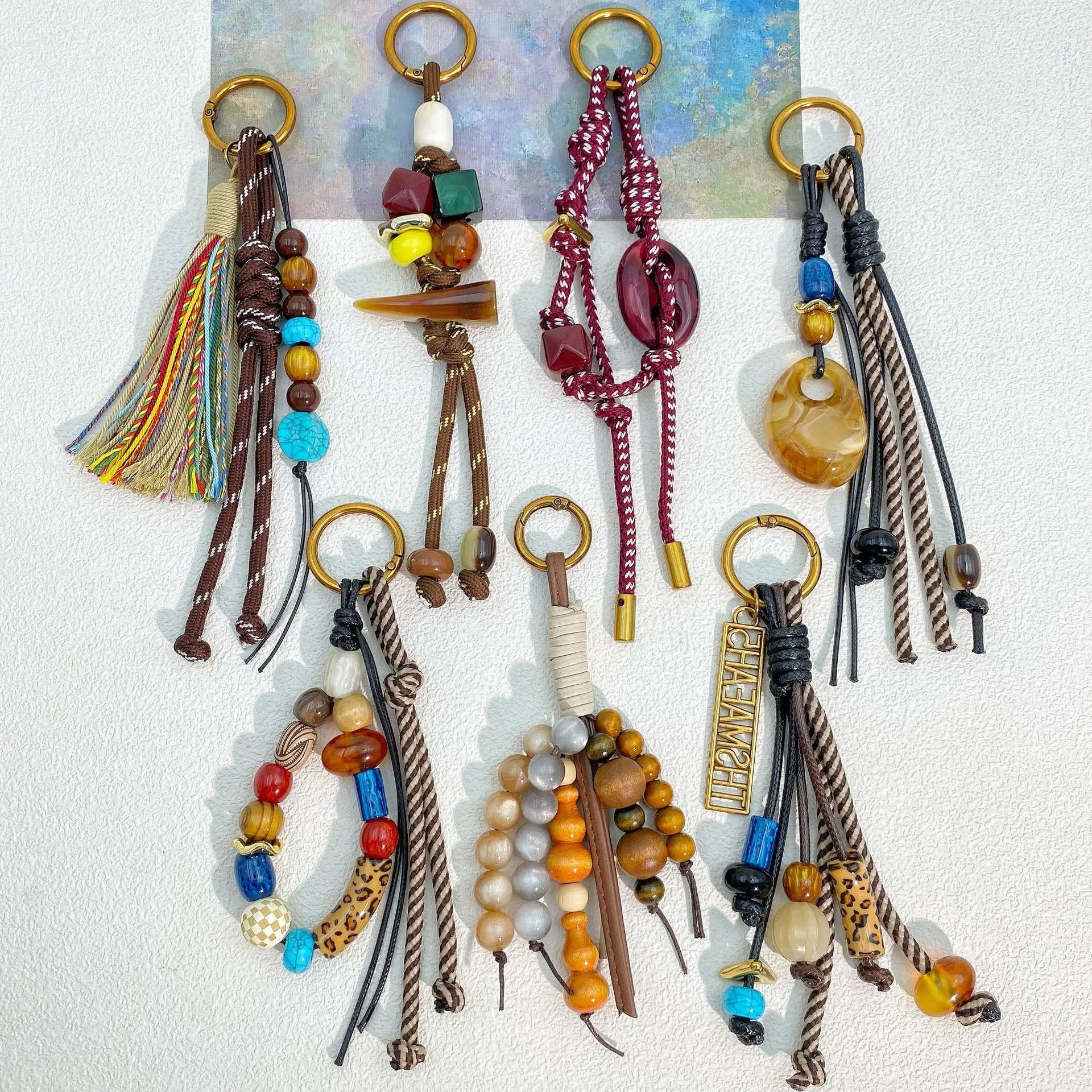 Creative Vintage Ethnic Style Leisure Versatile Beaded Bag Pendant Bohemian Keychain Wooden Bead Tassel Braided Rope Bag Charm