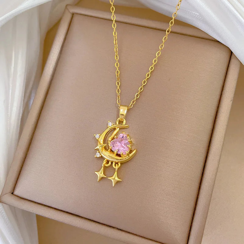 Pink Star Moon Full Diamond Light Luxury Elegant Gorgeous Necklace