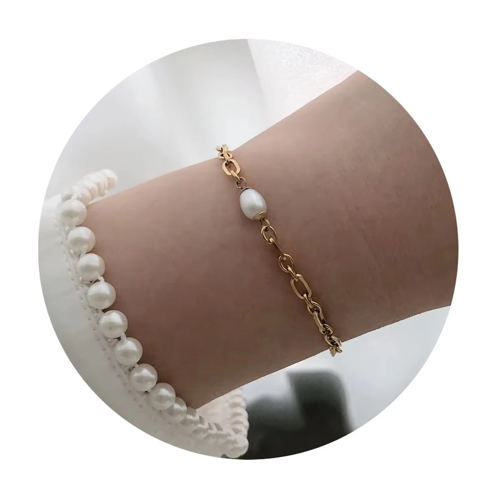 Elegant Natural Shell Gold Plated Paperclip Chain Fresh Water Pearl Stainless Steel Chain Bracelet