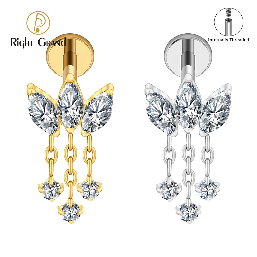 Titanium 16G Internal Thread Triple Marquise CZ Chain Dangle Labret Stud Helix Conch Cartilage Tragus Flat Back Piercing