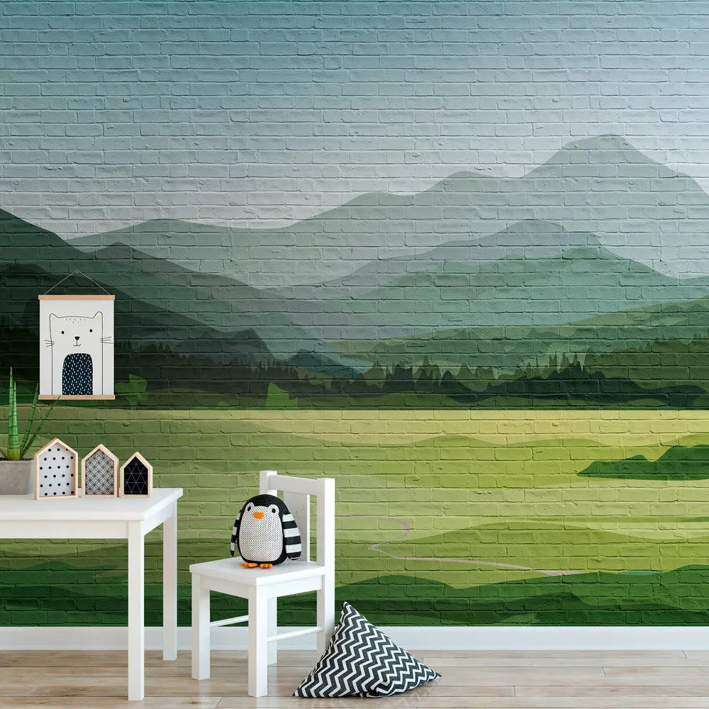 Germany Made Modern Photo Wallpaper Mountains Green Blue Grey Non Woven Vinyl Wall Mural for Bedroom Hospital 0.53x20.10m