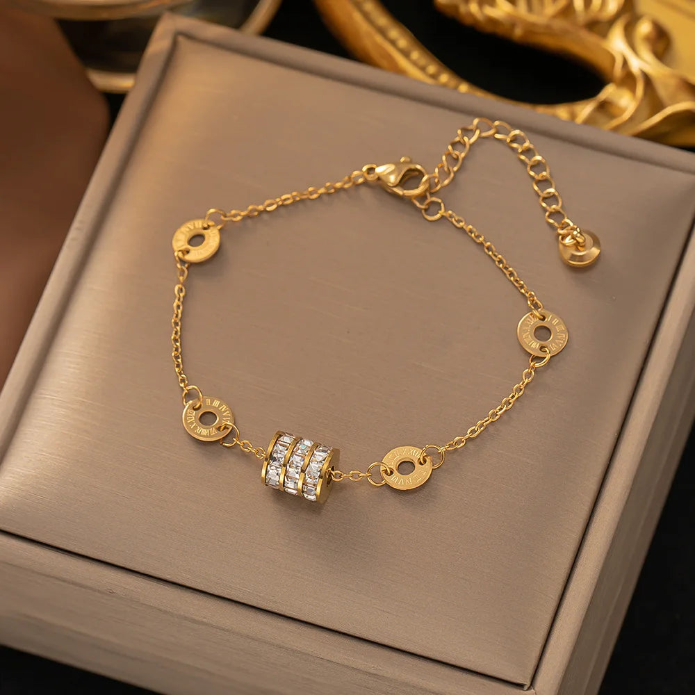 Women's Stainless Steel 18K Gold Plated Lovers Shape Zircon Classic Geometric Dainty Super Thin Waterproof Chain Bracelet