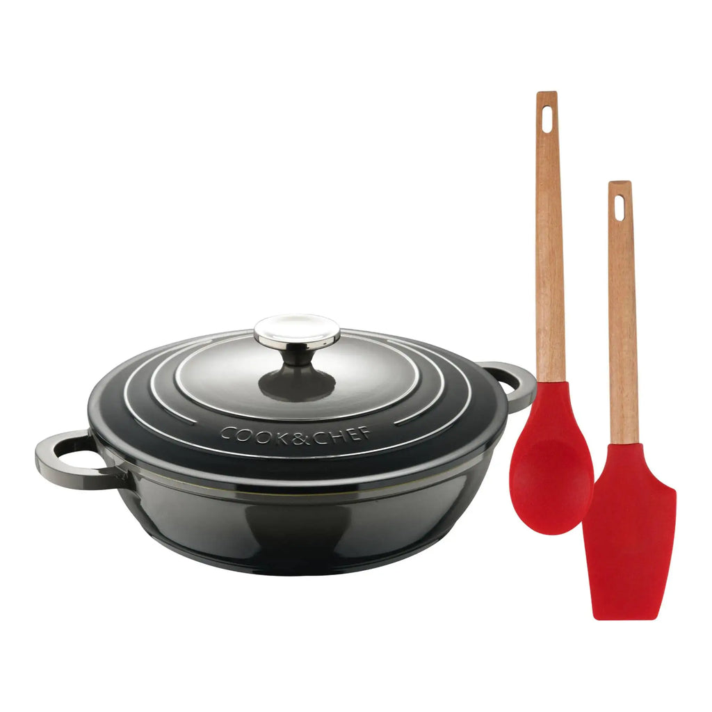 EXCALIBUR Bergner Low Casserole Set 24cm with Cast Aluminum Lid + 2 Kitchen Utensils (Spoon Spatula) with Silicone and Wooden