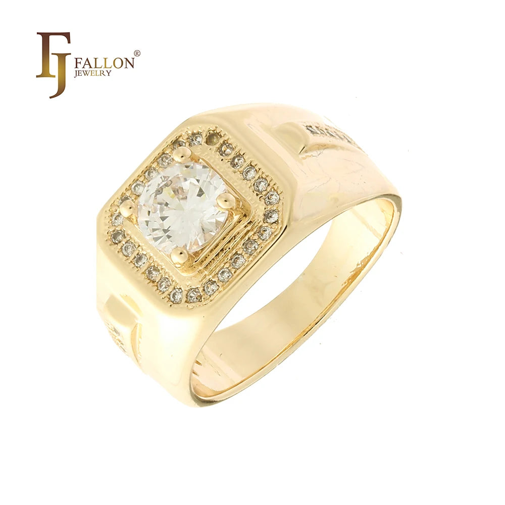 FJ Fallon Fashion Jewelry Solitaire Men's Rings Plated in 14K Gold Brass Based