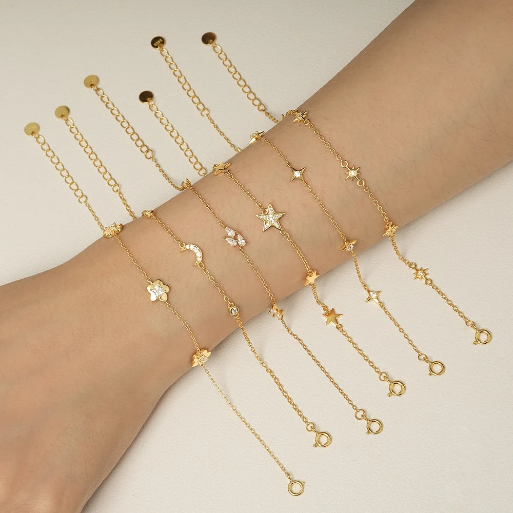 Trendy 925 Sterling Silver 18K Gold Plated Fashion Luxury Jewelry Star Moon Flower Zircon Charms Bracelets for Women