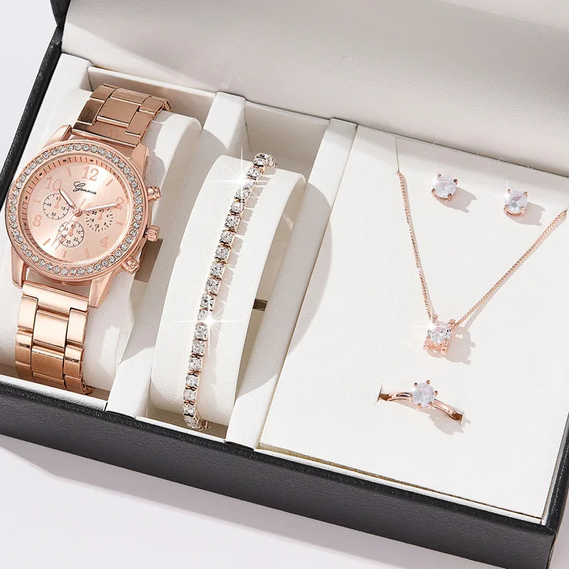 Fenyi Wholesale Jewelry Fashion Classic Business Necklace Earrings Ring Bracelet Diamond Disc Ladies Watch Five-piece Set MegaBDM