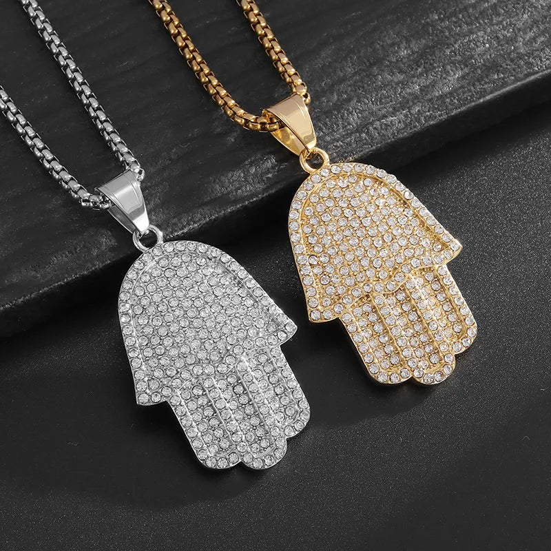 Hip Hop Punk Jewelry Cubic Zirconia Jewelry Stainless Steel Hand of Fatima Pendant Necklace