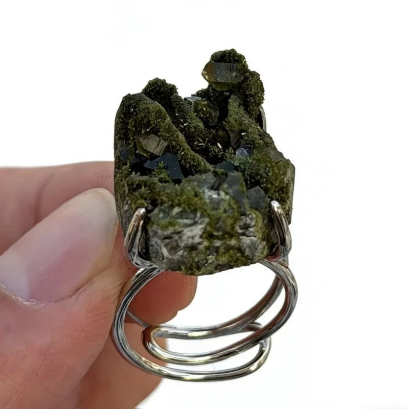 Natural Crystal Epidote Rings Adjustable Polished Mineral Specimen Fashion Trend Valentine's Day Gift MegaBDM