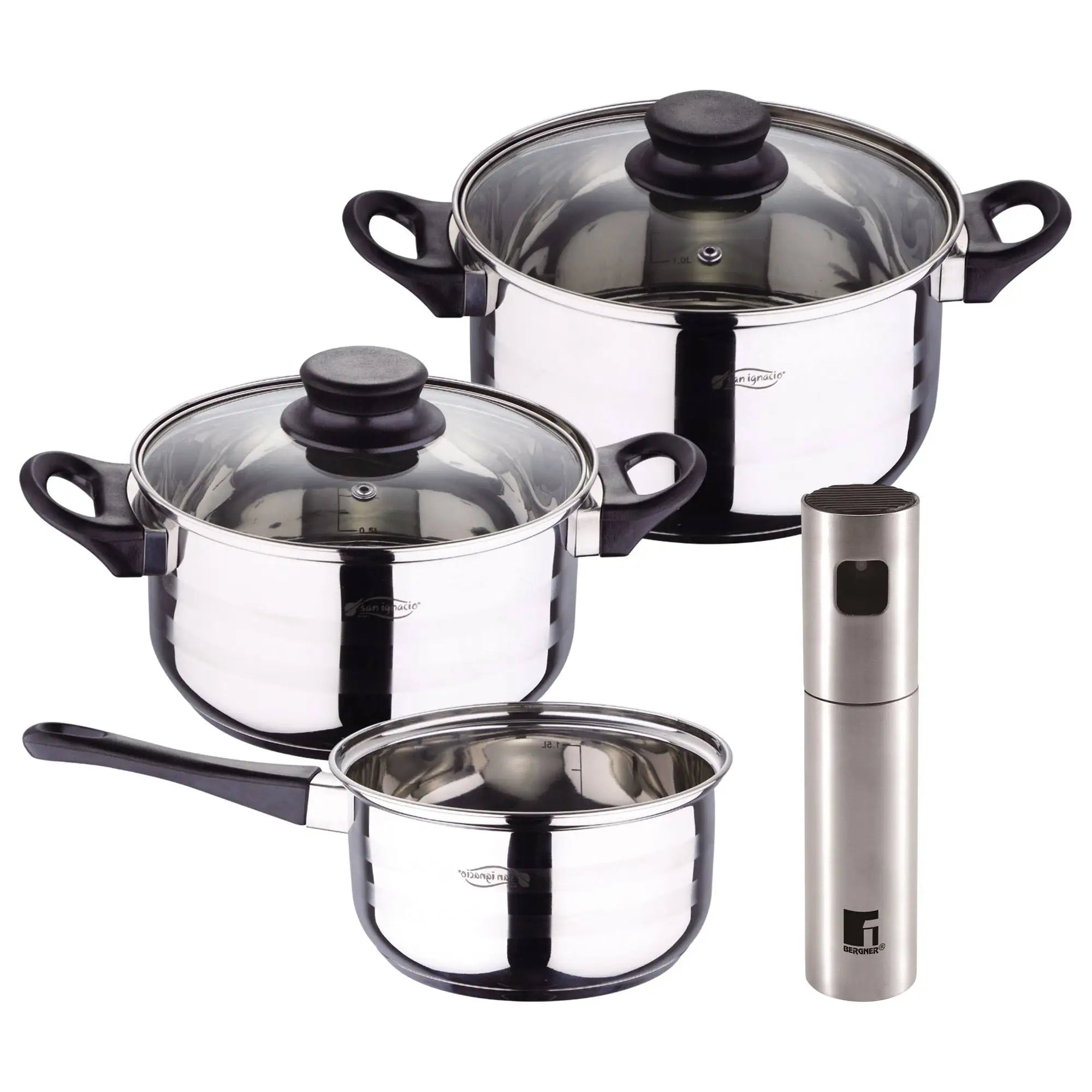 Toledo 5pc cookware set suitable for induction hobs + Bergner Copper Oil and Vinegar Sprayer 4x17.5cm in stainless steel