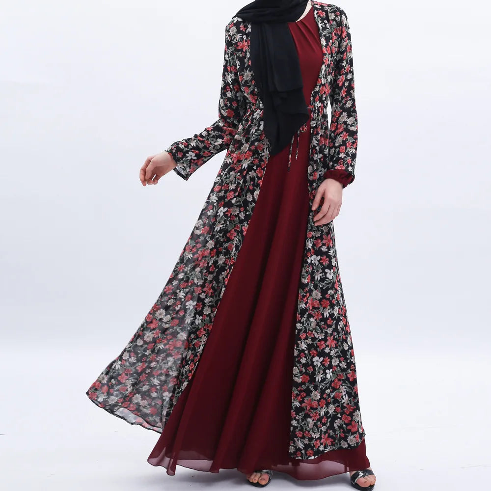Floral Printed Open Front Cardigan Womens Muslim Dress Abaya Muslim Maxi Kaftan Kimono