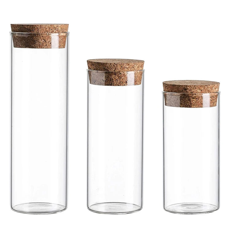 Clear Empty Cylinder Glass Jar with Cork Lid for Dried Flower Food Storage