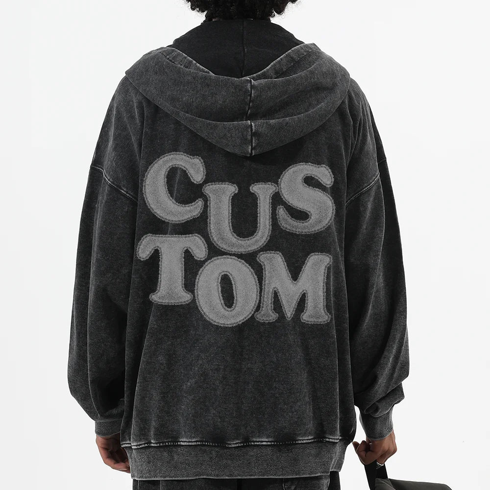 Custom Oversized 350g Cotton Polyester Zip-up Distressed Vintage Hoodie for Men for Puff Print Drop Shoulder Hooded Sweatshirt