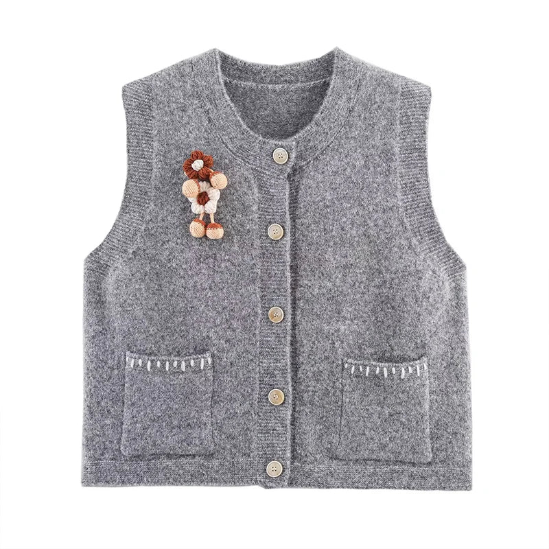 ZATRHMBM autumn women's clothing 2025 new fashion flower knitted vest vest retro round neck sleeveless chic ladies vest top