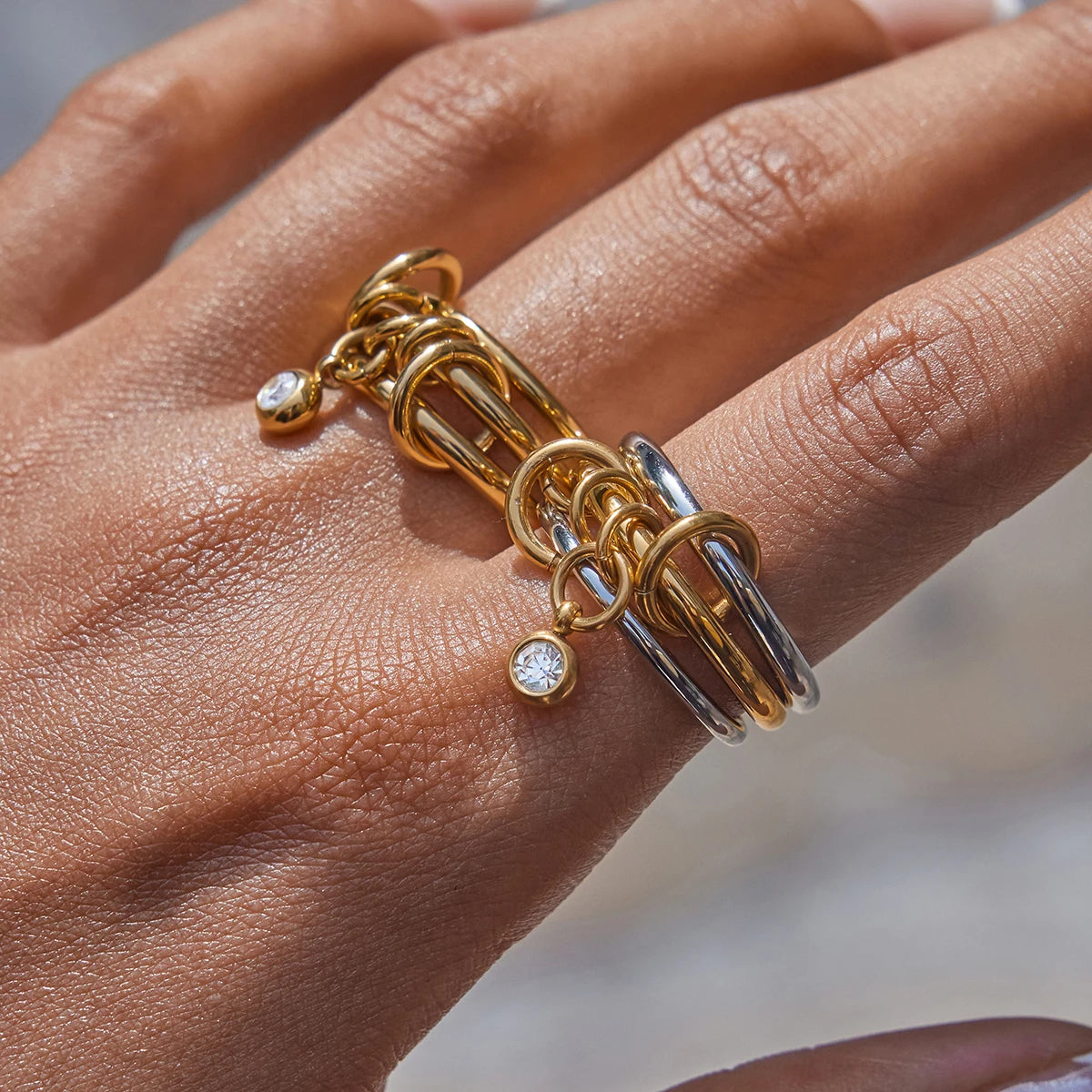 J&D Modern Minimalist 18K Gold Stainless Steel Zircon Ring with Multiple Rings for Women