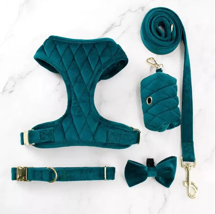 No Pull Dog Harness Adjustable Comfort Velvet Fabric Custom Dog Harness Set With Match Collar Bow Tie