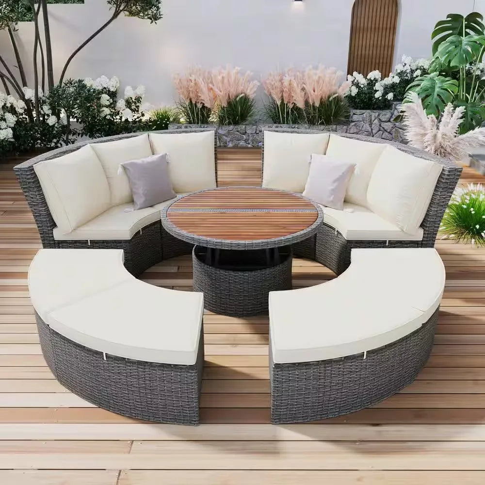 Villa Outdoor Sofas Hotel Garden Sets Resort Patio Courtyard Sofa Set Braided Rope Rattan Round Sofa Patio Outdoor Furniture Set
