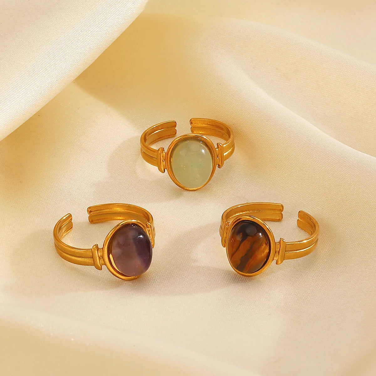 Fenyi Wholesale Jewelry French Retro High-end Fashion Popular Stainless Steel Geometric Oval tiger Eye Stone Ring for Women