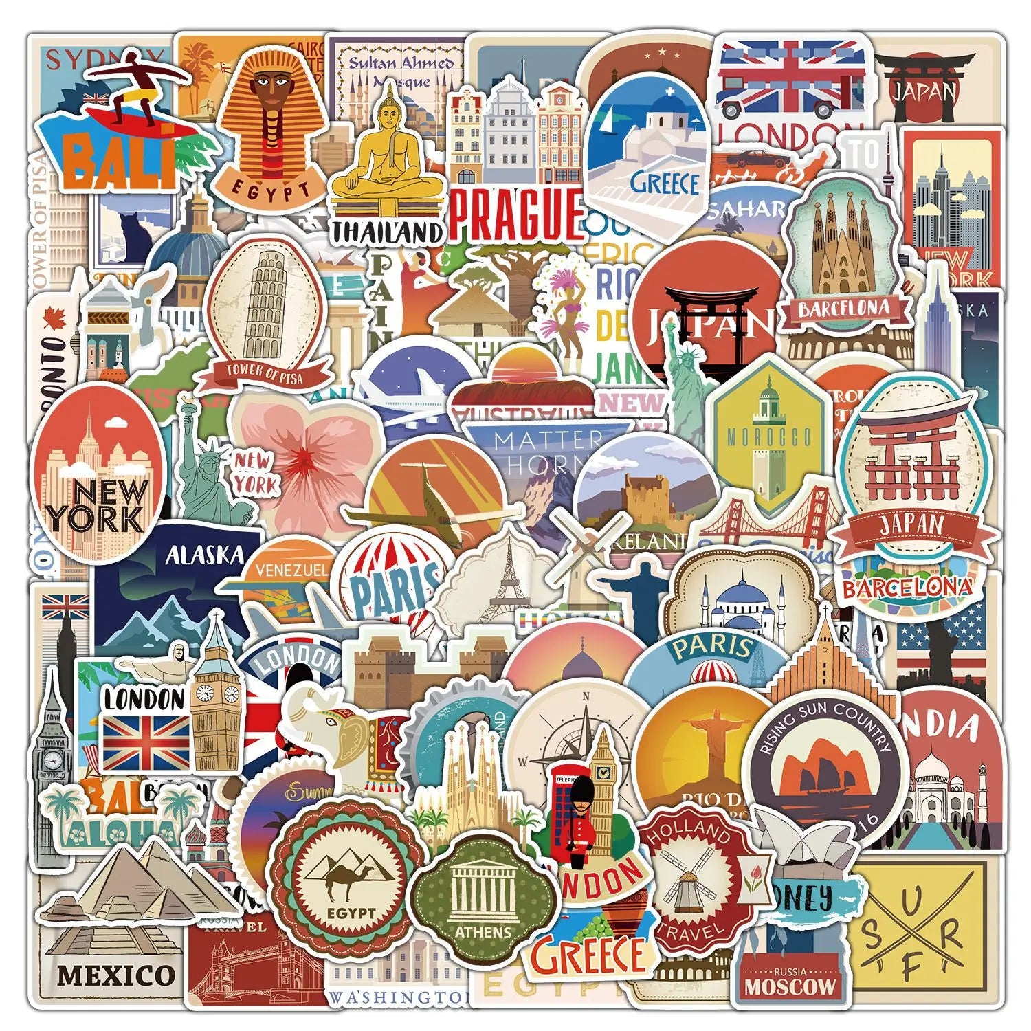 100Pcs Custom Personalized Logo Vintage Travel Self Adhesive Waterproof Pvc Vinyl Cartoon Die Cut Sticker for Laptops Decoration