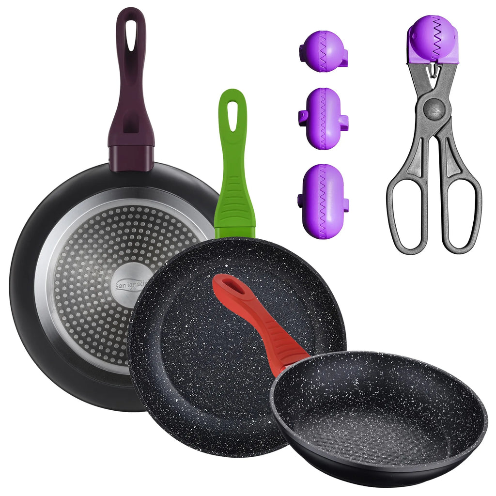 3-PACK OF FORGED ALUMINUM FRYING PANS (20/24/28CM) + MULTI-PURPOSE UTENSIL WITH 4 INTERCHANGEABLE MOLDS