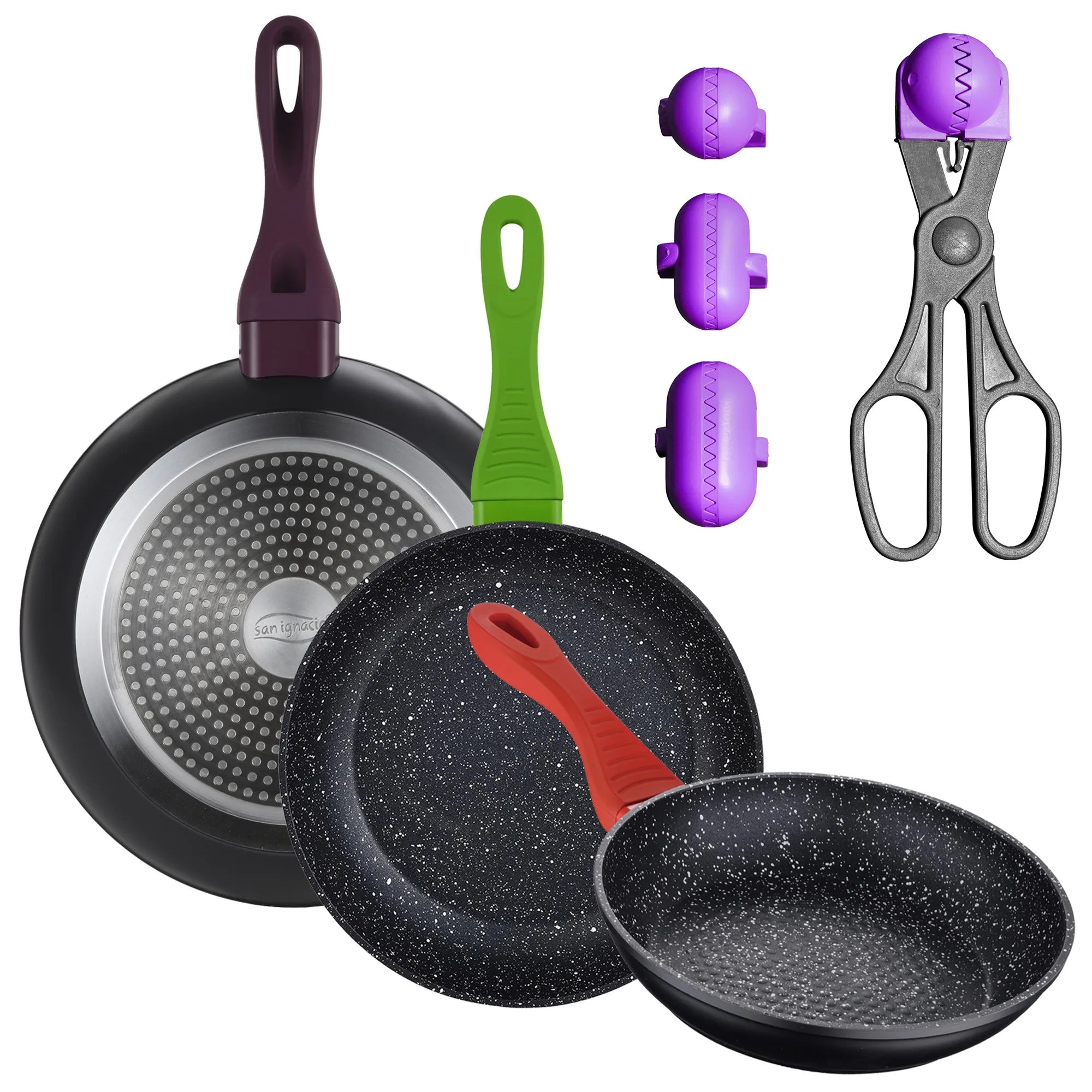 3-PACK OF FORGED ALUMINUM FRYING PANS (20/24/28CM) + MULTI-PURPOSE UTENSIL WITH 4 INTERCHANGEABLE MOLDS