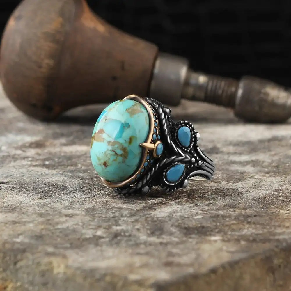 Wholesale Azuris VALKH1081 925 Sterling Silver Ottoman Style Men's Ring Natural Stone Agate Handmade Turkey