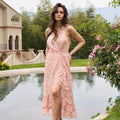 2026 Autumn Dress V Neck Wrap Pink Floral Dress Sleeveless Casual Boho Dress With Spaghetti Strap Split