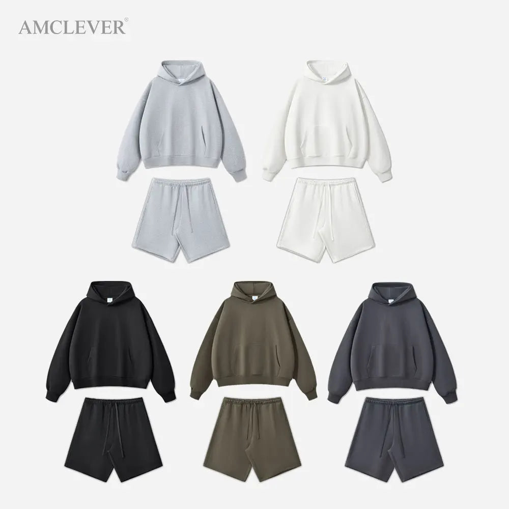 Retro Vintage Winter Tracksuit 500Grams Heavyweight Light Fleece Hoodie & Shorts Hypebeast Style Solid Color Men's Sweatsuit