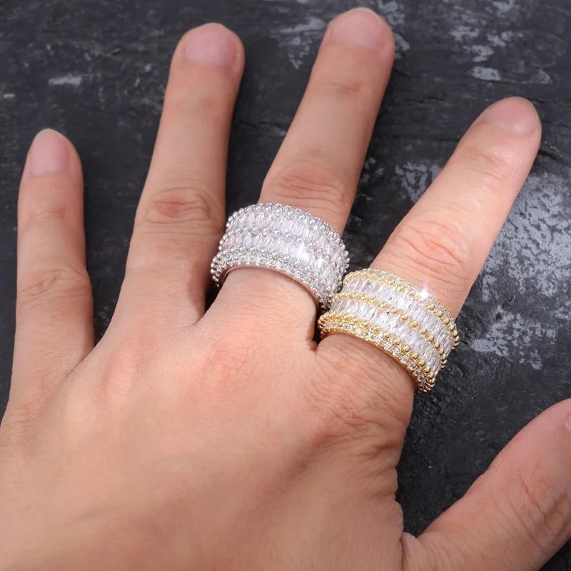 Wholesale Double Row Square Cubic Zircon Lab Diamond Rhodium Plated Round CZ Rings Luxury Hip Hop Jewelry for Men Women