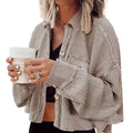 Women's Cropped Waffle Knit Shacket Short Button Down Jacket Batwing Sleeve Shirts with Pocket