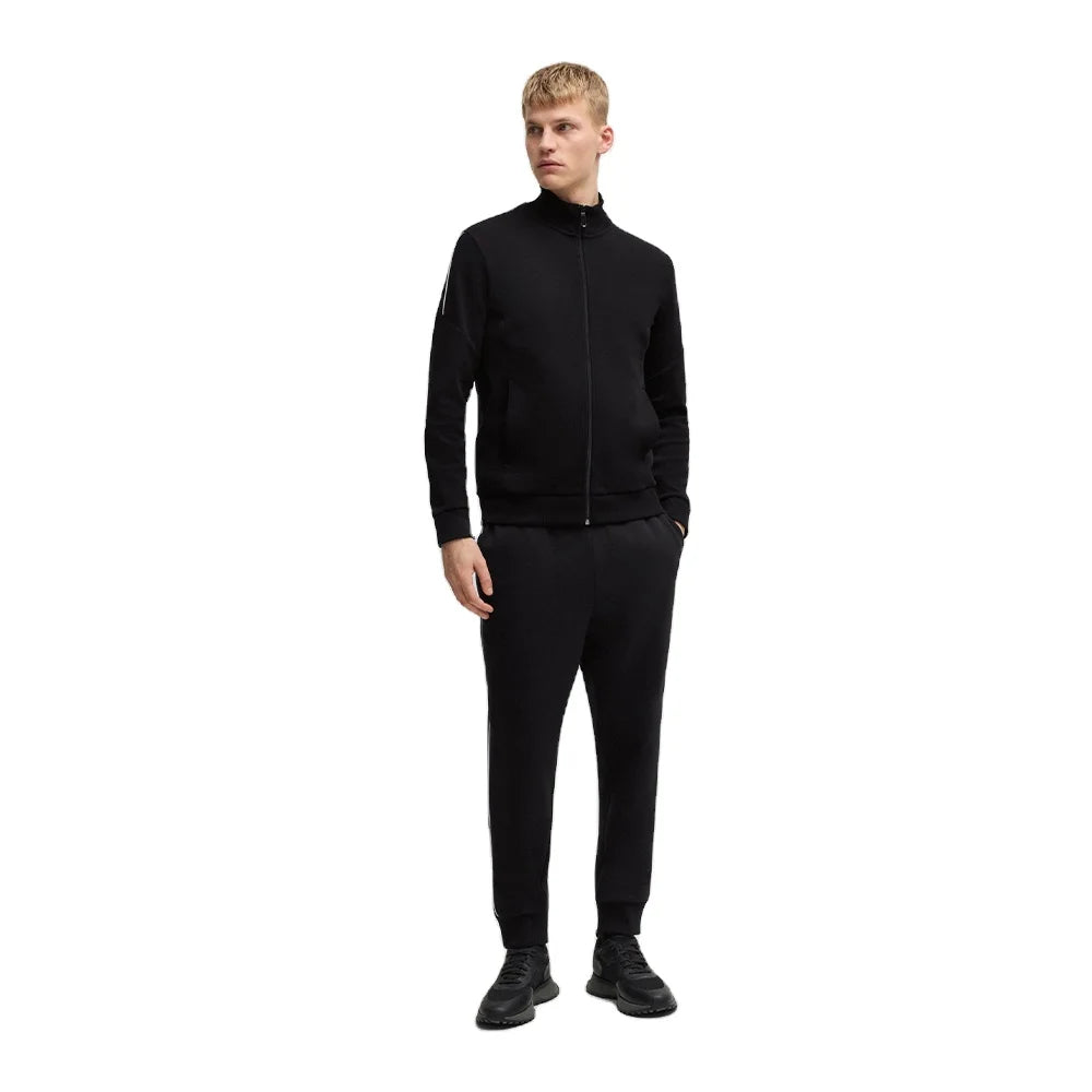 Black Printed Solid Full-Zip Men's Eco-Friendly Fleece Track Jacket Hooded Collar Elastic Cuff Joggers 100% Cotton 2Pcs Winter