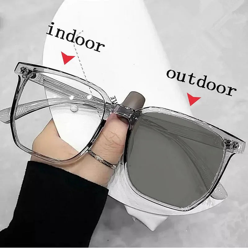 2025 Men Women Lens Change Grey Brown Big Frame Square Computer Glasses Photochromic Anti Blue Light Glasses